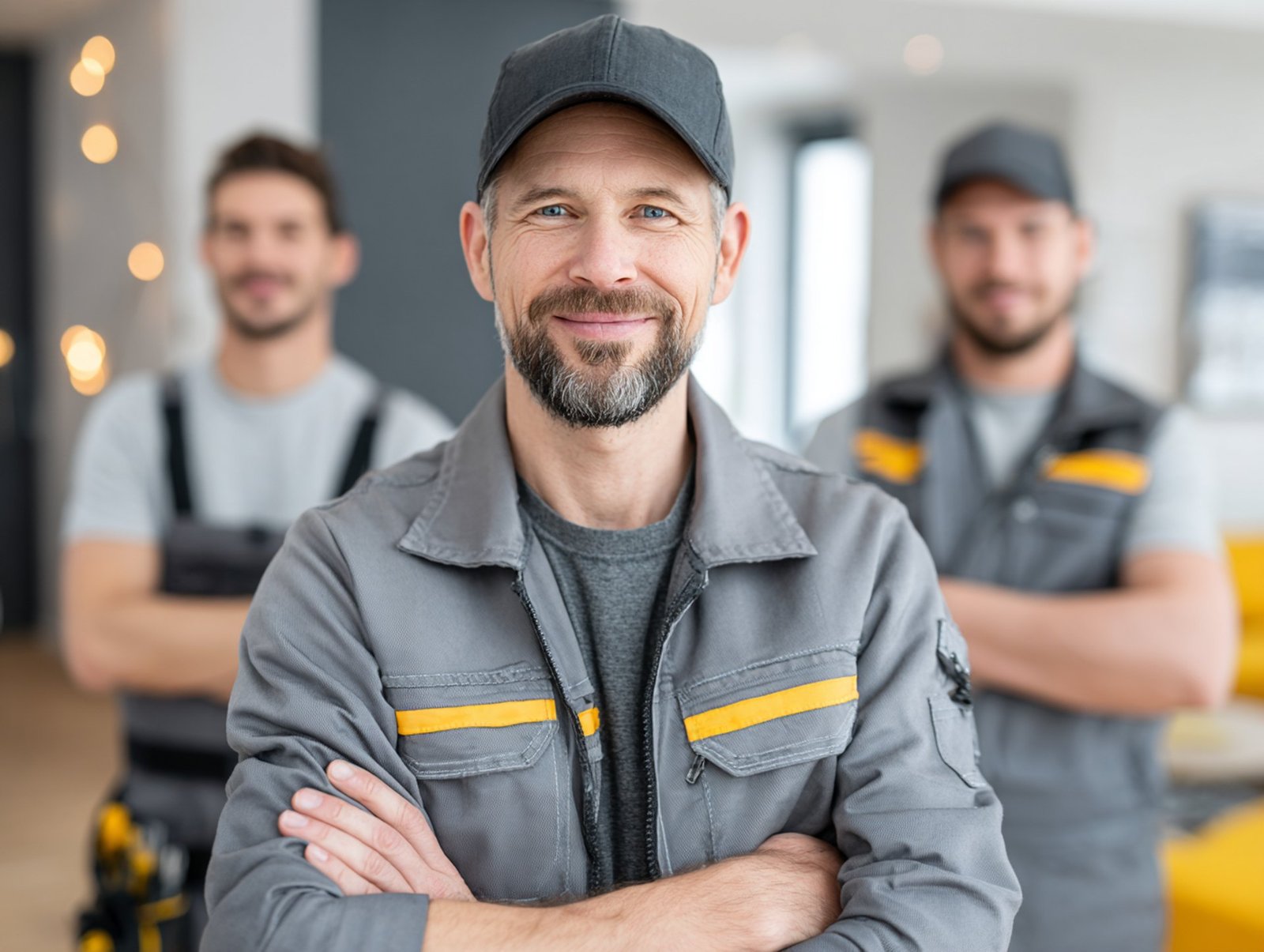 Drei Mitarbeiter der Gebäudereinigung in Arbeitskleidung